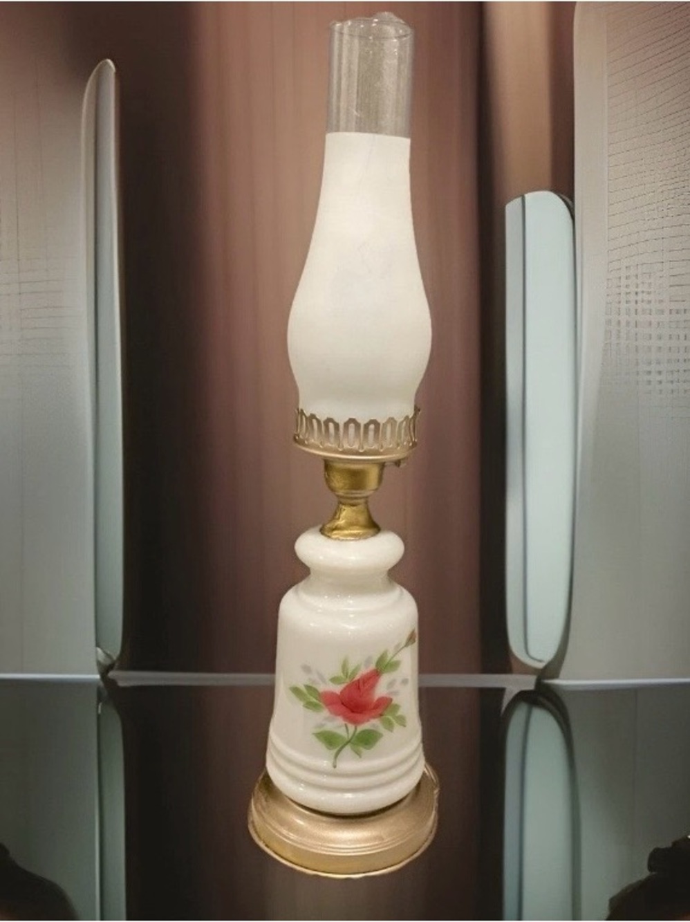 Vintage Hurricane Lamp Hand Painted Floral base, 3 way Switch 20"